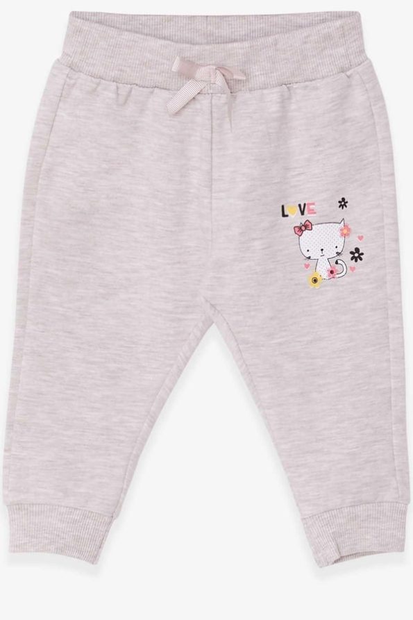 Girls' Baby Sweatpants with Cat Print in Beige Melange (6 Months - 1.5 Years)