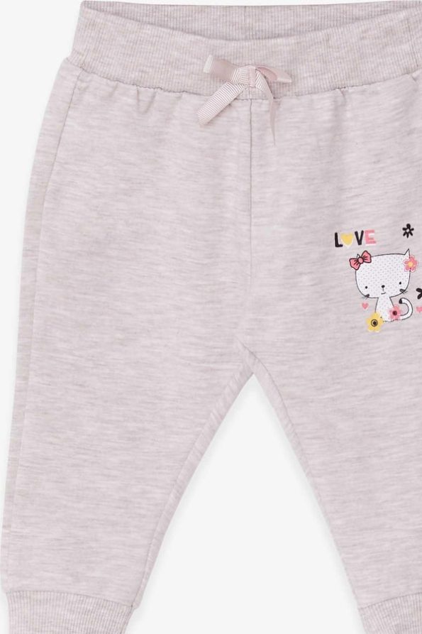 Girls' Baby Sweatpants with Cat Print in Beige Melange (6 Months - 1.5 Years)