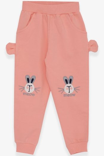Girls' Rabbit Embroidered Sweatpants in Salmon (1-3 Years)