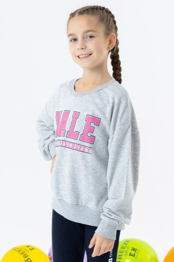 Girls' Printed Sweatshirt in Gray Melange (8-14 Years)