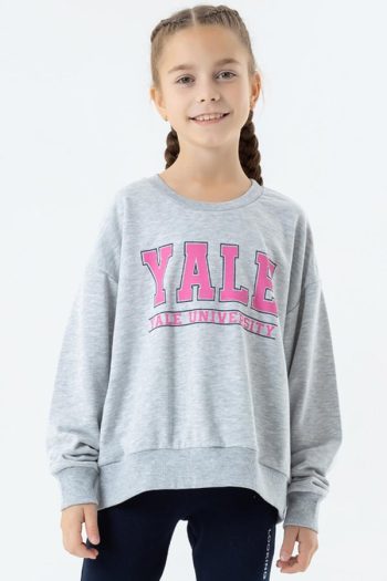 Girls' Printed Sweatshirt in Gray Melange (8-14 Years)