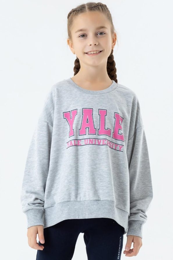 Girls' Printed Sweatshirt in Gray Melange (8-14 Years)