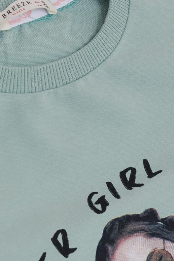 Girls' Sweatshirt with Wonderful Girl Print and Floral Design in Aqua Green (Ages 9-14)