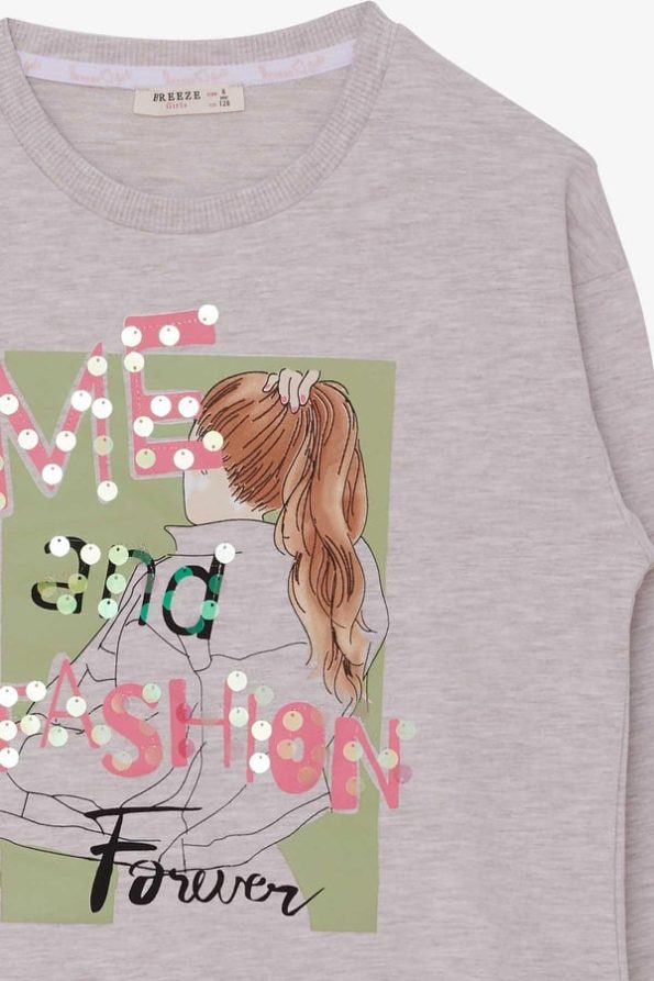 Girls' Sweatshirt with Sequined Print in Beige Melange (Ages 8-14)