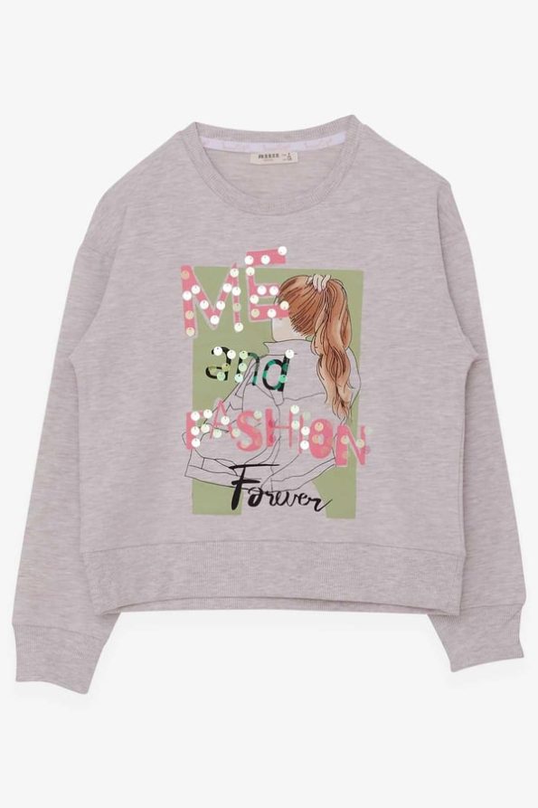 Girls' Sweatshirt with Sequined Print in Beige Melange (Ages 8-14)