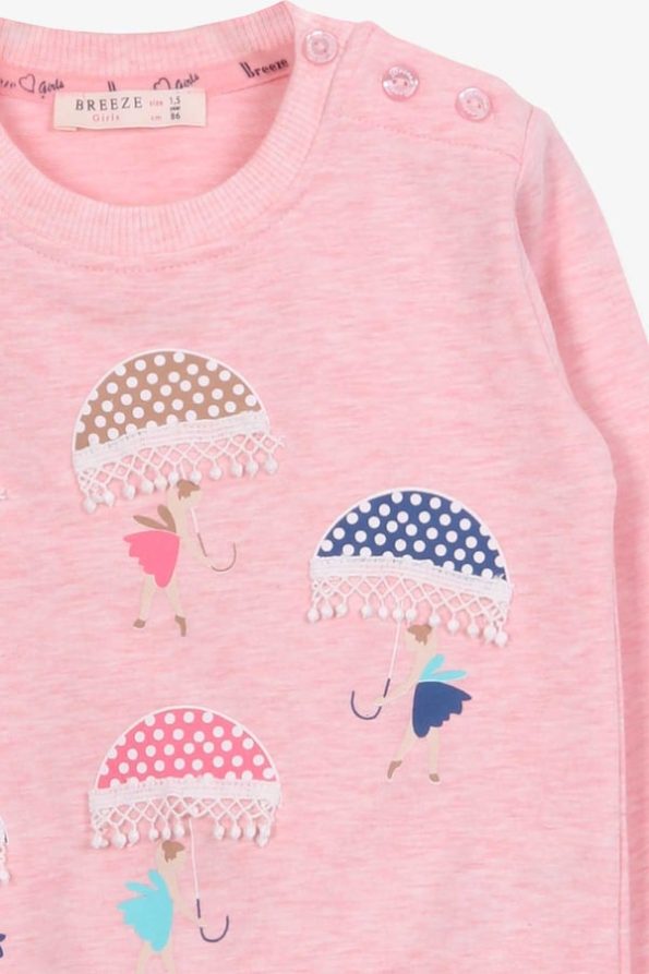 Girls' Printed Sweatshirt with Umbrella Design in Salmon Melange (1.5-5 Years)