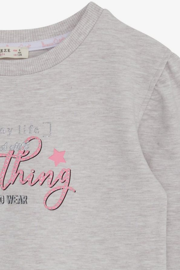 Girls' Sweatshirt with Glitter Print in Beige Melange (Ages 8-14)