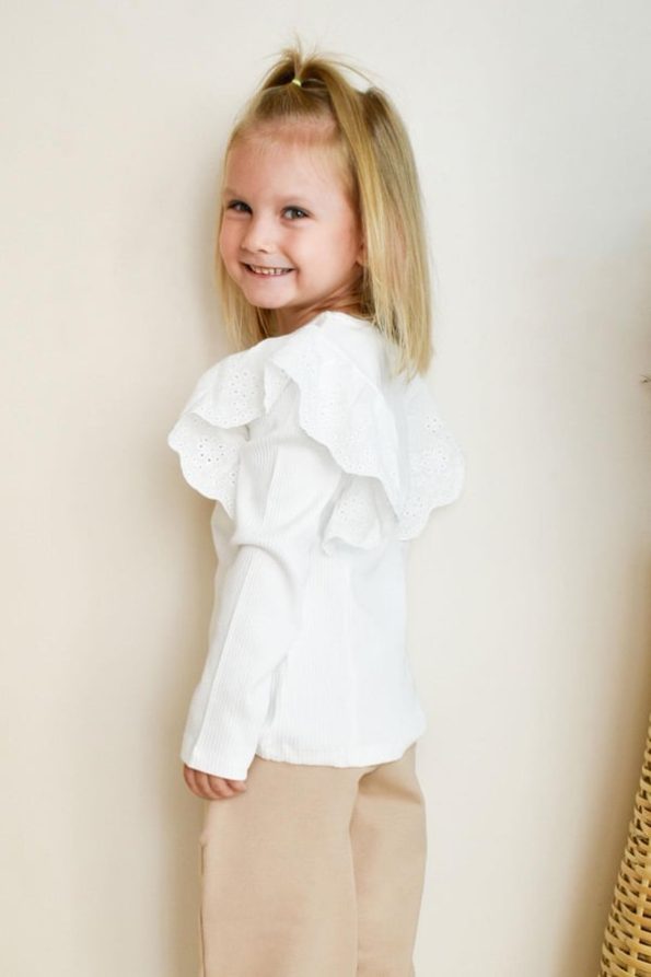 Girls' Long Sleeve Blouse with Floral Lace Embroidery in Ecru (3 Years)