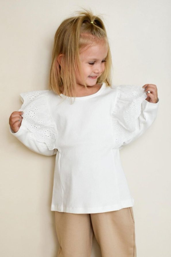 Girls' Long Sleeve Blouse with Floral Lace Embroidery in Ecru (3 Years)