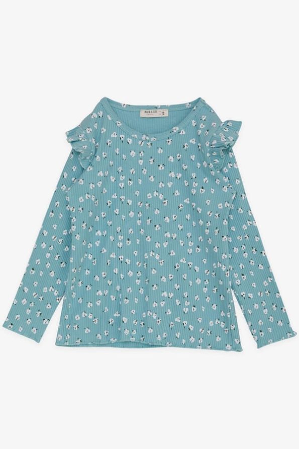 Girls' Long Sleeve Ruffled Floral T-Shirt in Aqua Green (2-6 Years)
