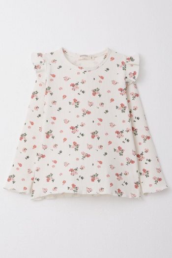 Girls' Long Sleeve Floral Ruffle Shoulder White T-Shirt (2 Years)
