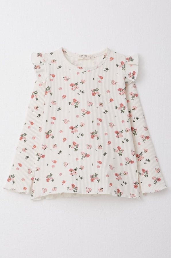 Girls' Long Sleeve Floral Ruffle Shoulder White T-Shirt (2 Years)