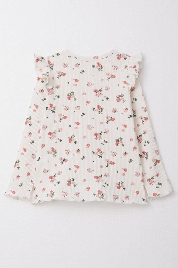 Girls' Long Sleeve Floral Ruffle Shoulder White T-Shirt (2 Years)