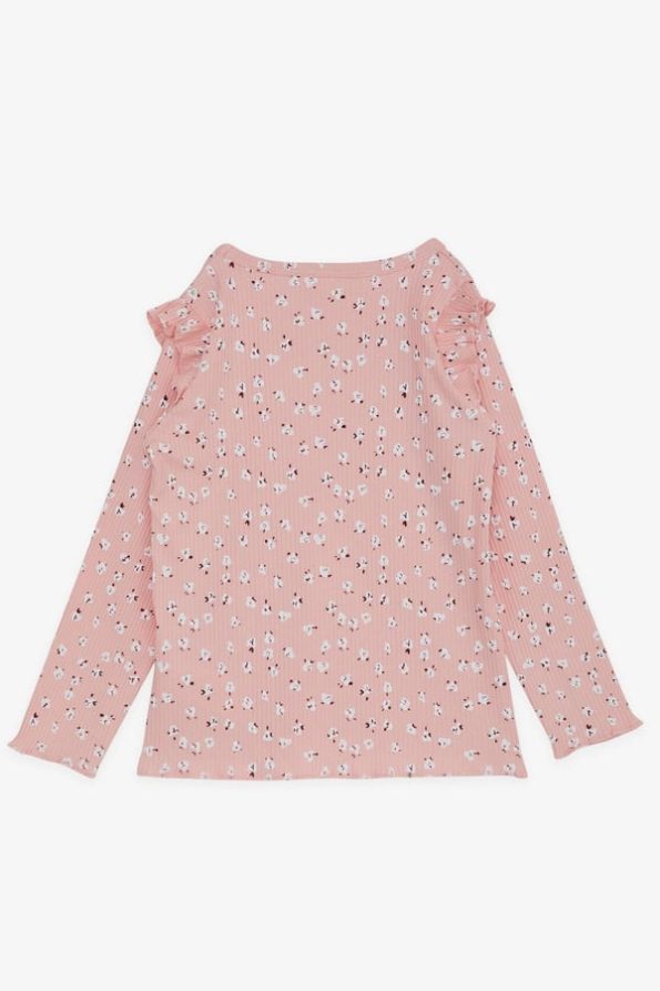 Girls' Long Sleeve Floral Ruffle Shoulder T-Shirt in Salmon (Ages 2-4)
