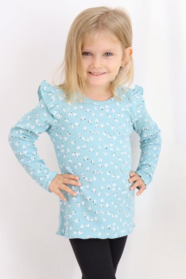 Girls' Long Sleeve Ruffled Floral T-Shirt in Aqua Green (2-6 Years)