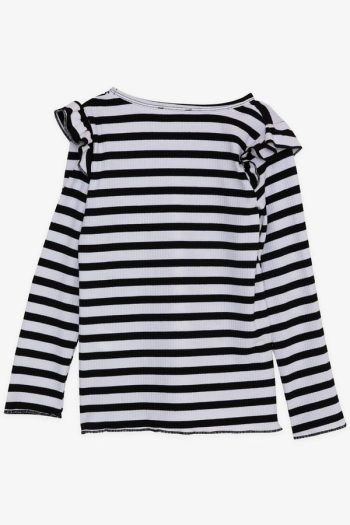 Girls' Long Sleeve Striped T-Shirt with Ruffled Shoulders in Assorted Colors (Ages 6-10)