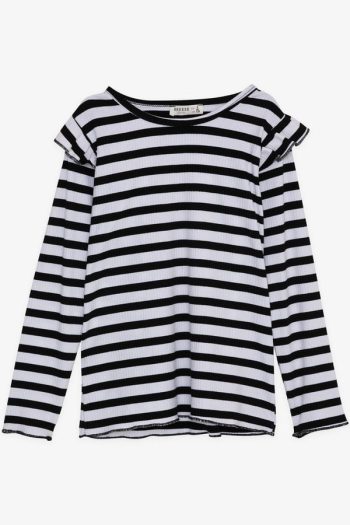 Girls' Long Sleeve Striped T-Shirt with Ruffled Shoulders in Assorted Colors (Ages 6-10)