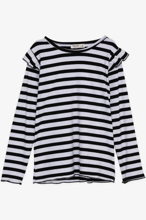 Girls' Long Sleeve Striped T-Shirt with Ruffled Shoulders in Assorted Colors (Ages 6-10)