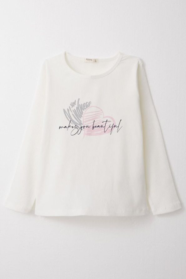 Girls' Long Sleeve T-Shirt with Heart Print in Ecru (4-5 Years)