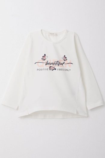 Girls' Long Sleeve T-Shirt with Butterfly Print in Cream (3-6 Years)