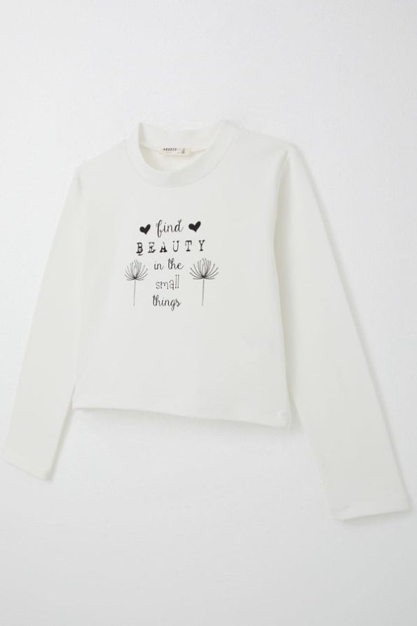Girls' Long Sleeve T-Shirt with Belted Text Print in Ecru (Ages 9-14)