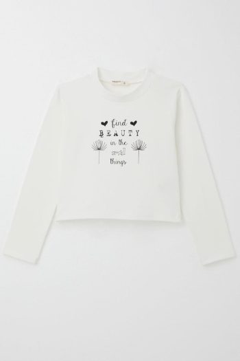 Girls' Long Sleeve T-Shirt with Belted Text Print in Ecru (Ages 9-14)