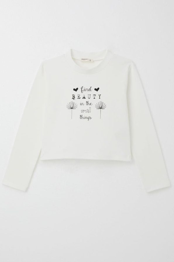 Girls' Long Sleeve T-Shirt with Belted Text Print in Ecru (Ages 9-14)