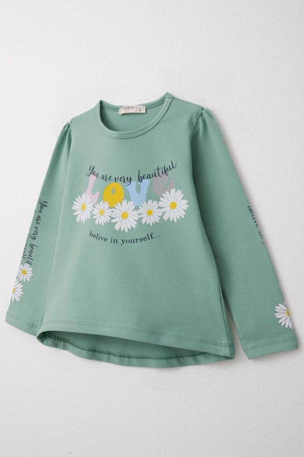 Girls' Long Sleeve T-Shirt with Colorful Floral Print in Mint Green (3-5 Years)