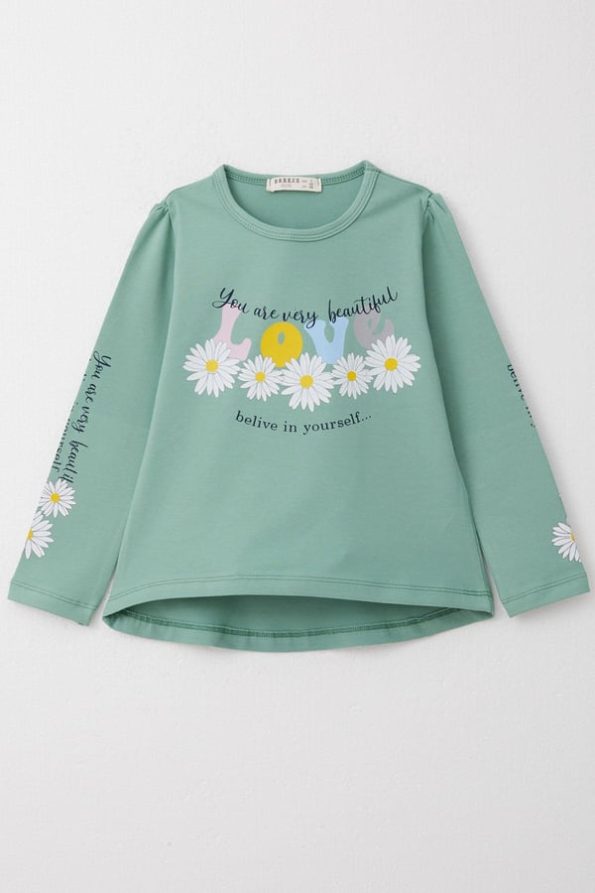 Girls' Long Sleeve T-Shirt with Colorful Floral Print in Mint Green (3-5 Years)