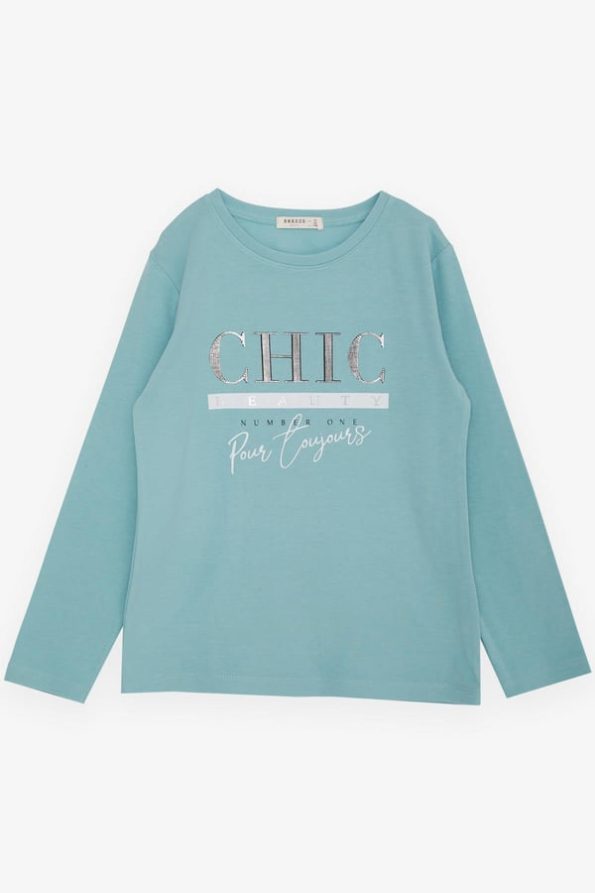 Girls' Long Sleeve T-Shirt with Shiny Print in Aqua Green (10-11 Years)