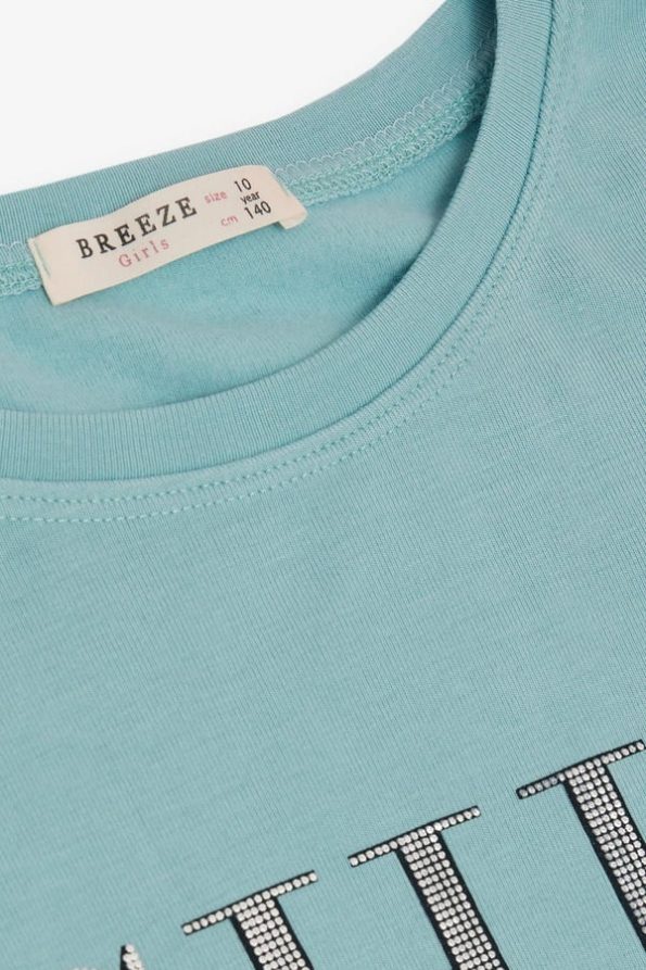 Girls' Long Sleeve T-Shirt with Shiny Print in Aqua Green (10-11 Years)