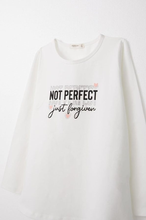 Girls' Long Sleeve Printed T-Shirt with Rhinestones in Ecru (Ages 9-14)