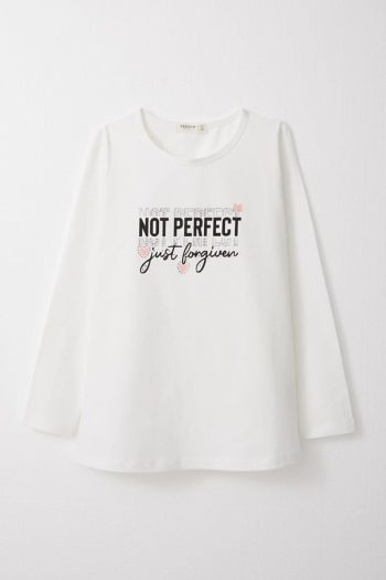Girls' Long Sleeve Printed T-Shirt with Rhinestones in Ecru (Ages 9-14)