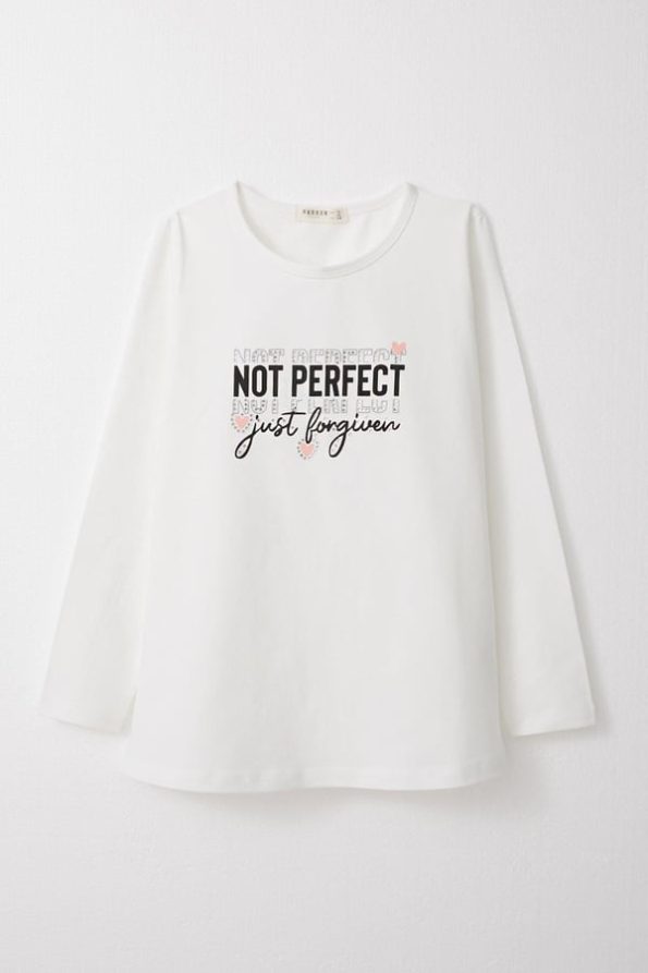 Girls' Long Sleeve Printed T-Shirt with Rhinestones in Ecru (Ages 9-14)