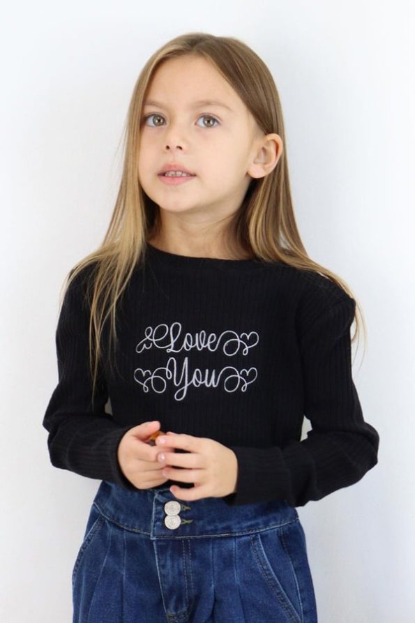 Girls' Long Sleeve T-Shirt with Embroidery in Black (6-9 Years)