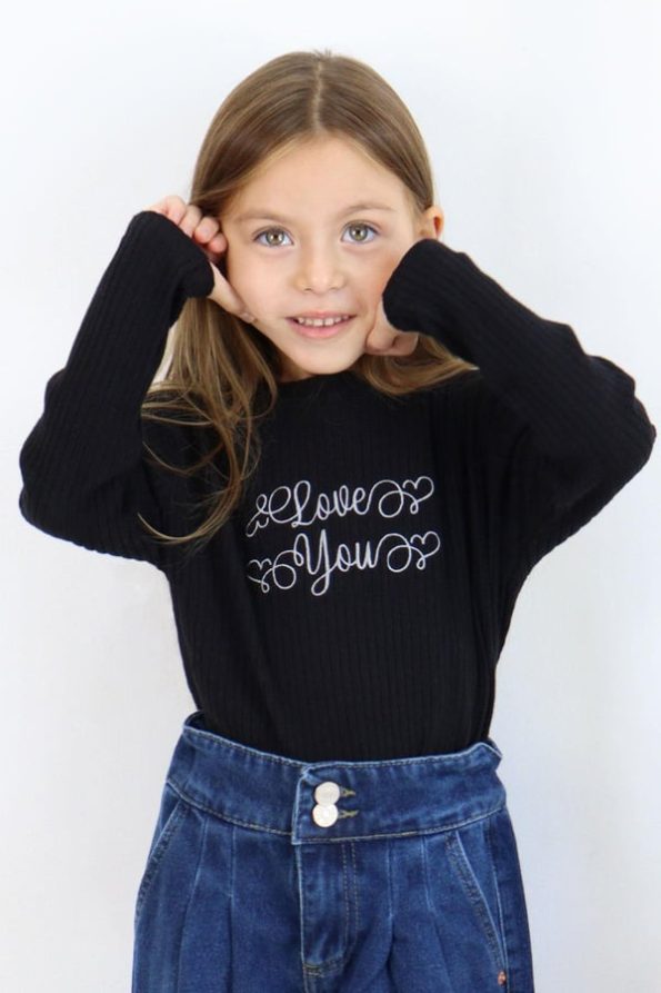 Girls' Long Sleeve T-Shirt with Embroidery in Black (6-9 Years)