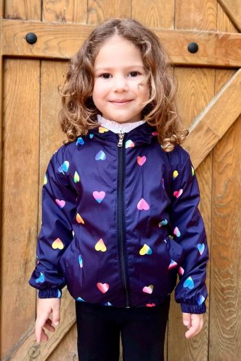 Girls' Rain Jacket with Colorful Heart Pattern in Navy (Ages 1-3)