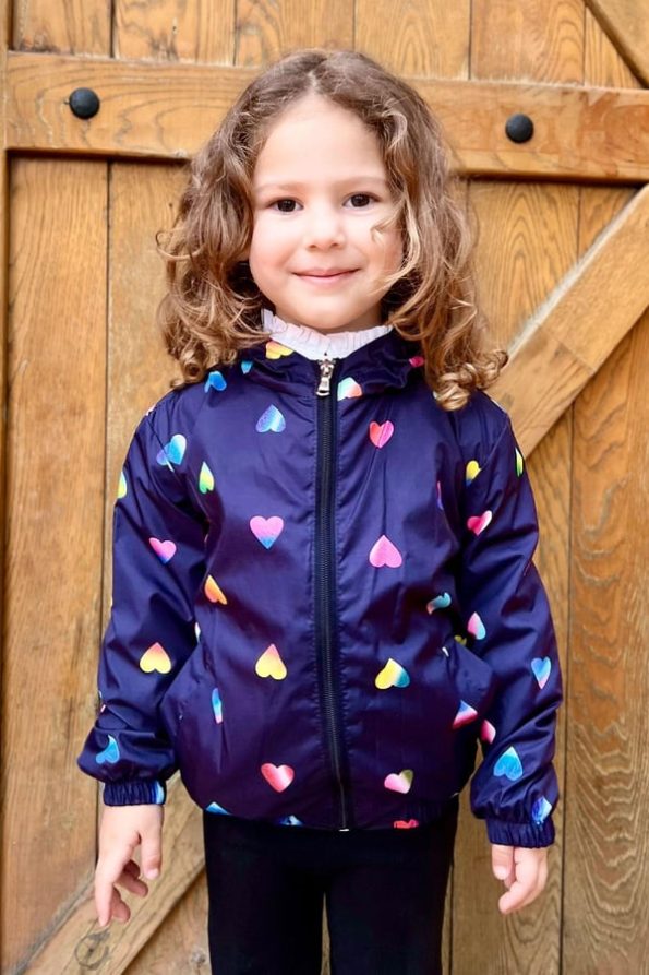 Girls' Rain Jacket with Colorful Heart Pattern in Navy (Ages 1-3)