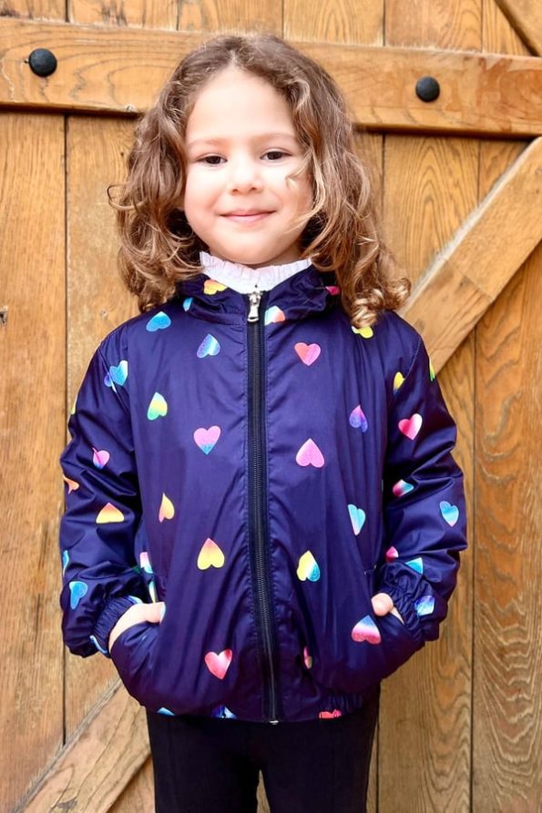 Girls' Rain Jacket with Colorful Heart Pattern in Navy (Ages 1-3)