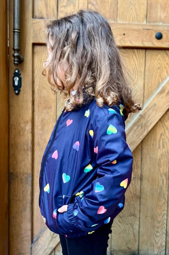 Girls' Rain Jacket with Colorful Heart Pattern in Navy (Ages 1-3)
