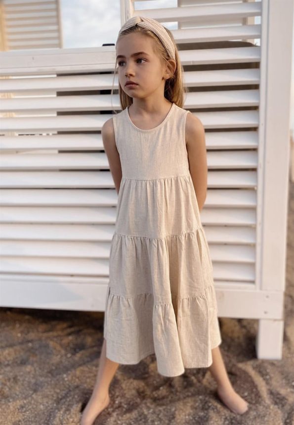 Gathered Tiered Linen Dress for Ages 2-7 Natural