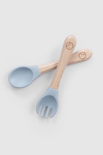 Blue Silicone Fork and Spoon Set with Bamboo Handle