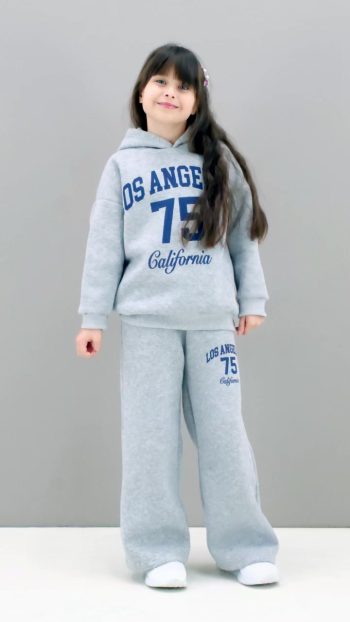 Cansın Mini Gray California Print Hooded Sweatshirt Set for Girls