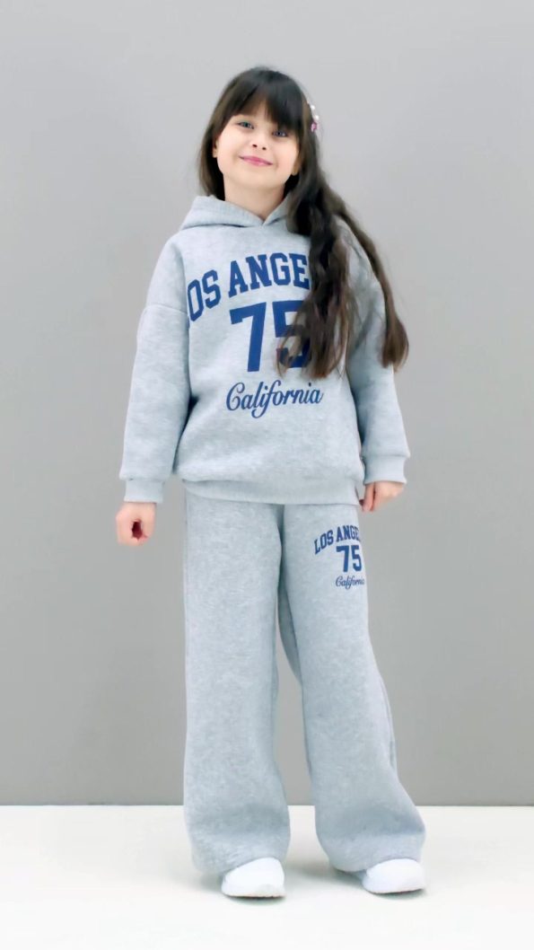 Cansın Mini Gray California Print Hooded Sweatshirt Set for Girls