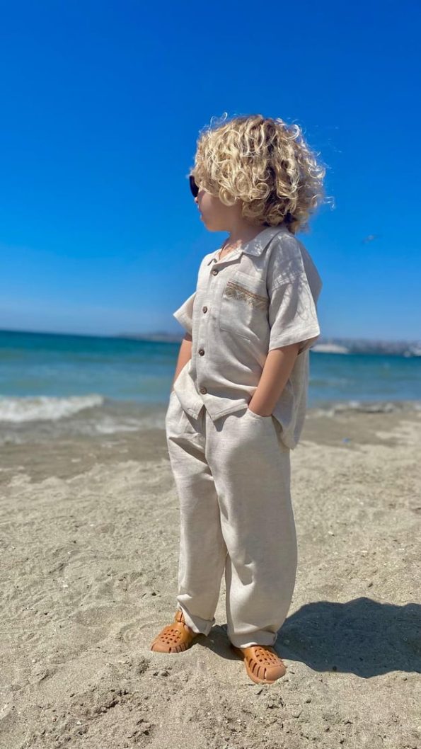 Embroidered Pocket Shirt and Pants Set 2-7 Years Natural