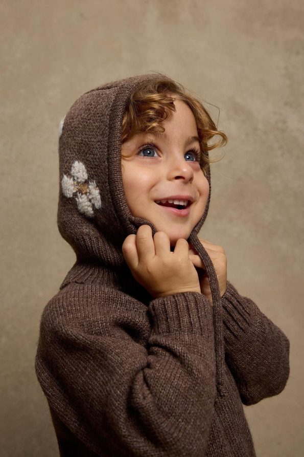 Flower Knit Balaclava Hat Brown