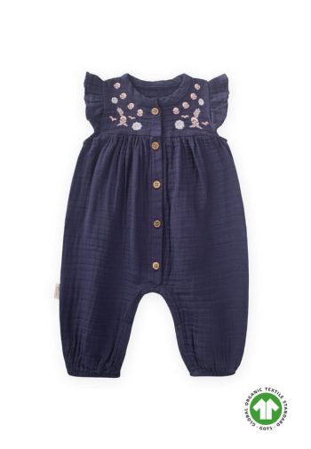Organic Embroidered Muslin Romper 0-3 Years Navy Blue