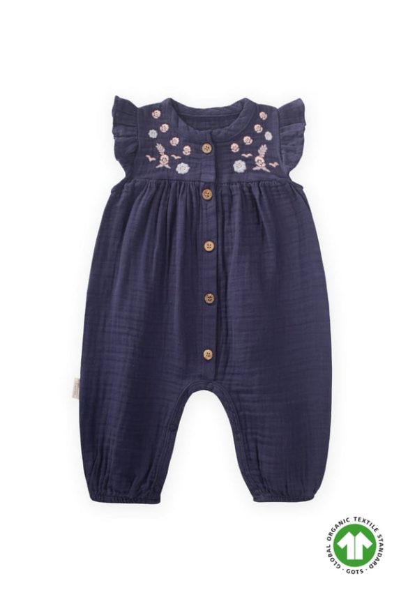 Organic Embroidered Muslin Romper 0-3 Years Navy Blue
