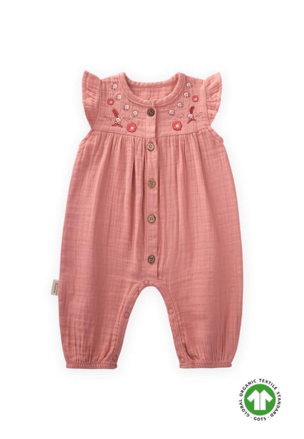 Organic Embroidered Muslin Romper 0-3 Years Peach