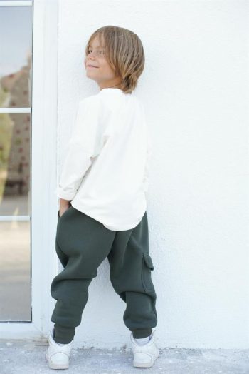 Kids' Tracksuit Set - Haki Fleece Lined Joggers with Side Pockets - Cream Cotton Sweatshirt